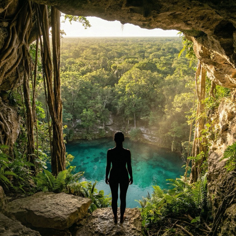 Natural cenote cave in Yucatan jungle